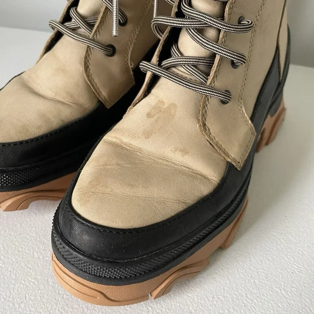 SOREL Brex Waterproof Lace Winter Fall Boot Sandy Tan Black Chunky Sole Size 7